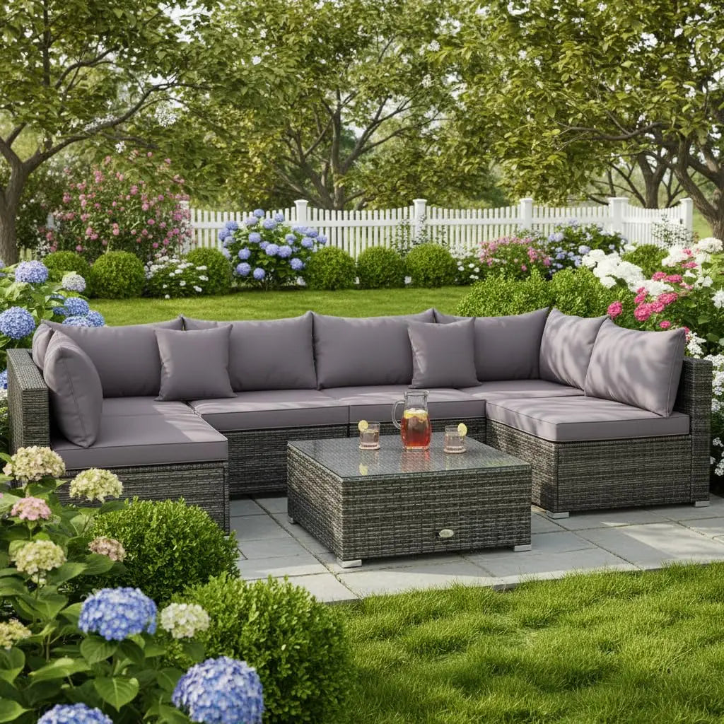 7 Pieces Wicker Patio Furniture Set, All-Weather Outdoor Rattan Sectional Sofa Set with Cushions & Tempered Glass,