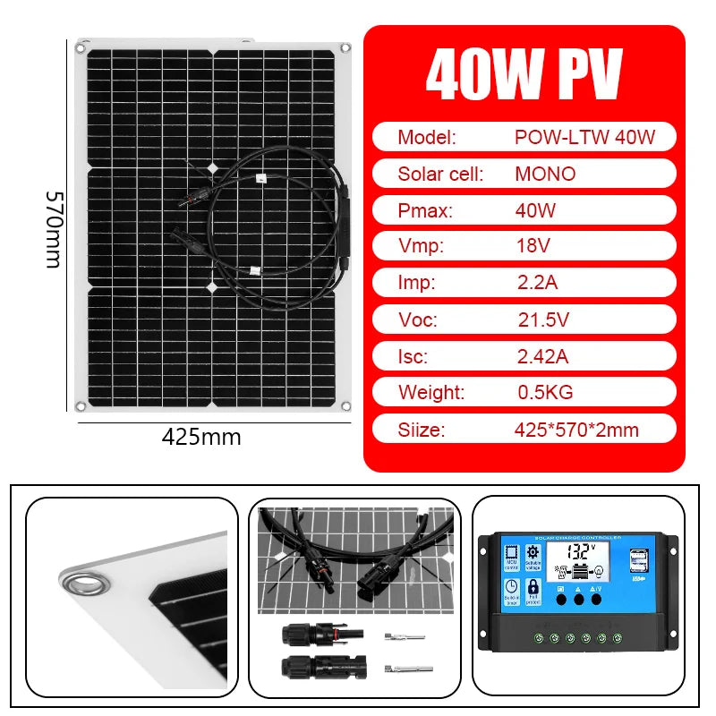 PowMr 40W Solar Panel 12V Flexible Solar Panel Kit Complete Portable Solar Battery Charge Phone With 30A Controller Camping Home