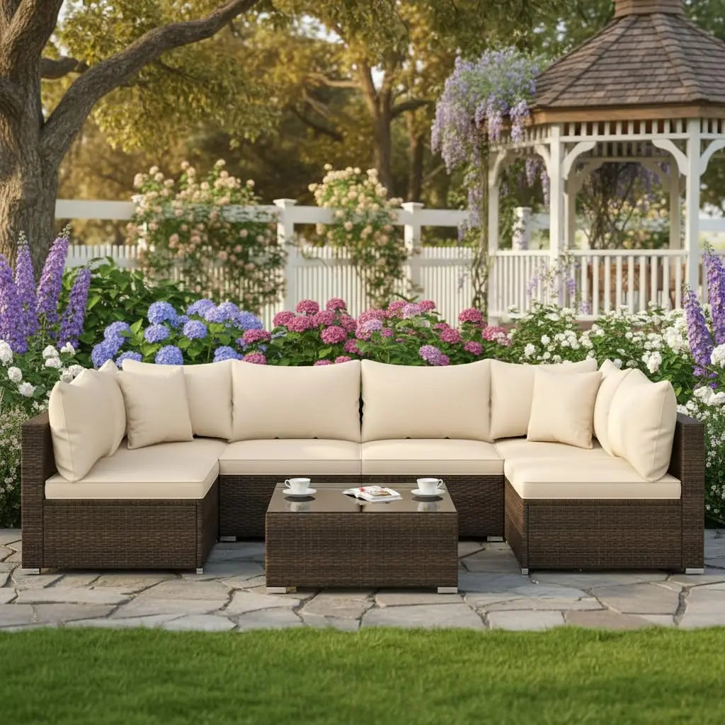 7 Pieces Wicker Patio Furniture Set, All-Weather Outdoor Rattan Sectional Sofa Set with Cushions & Tempered Glass,