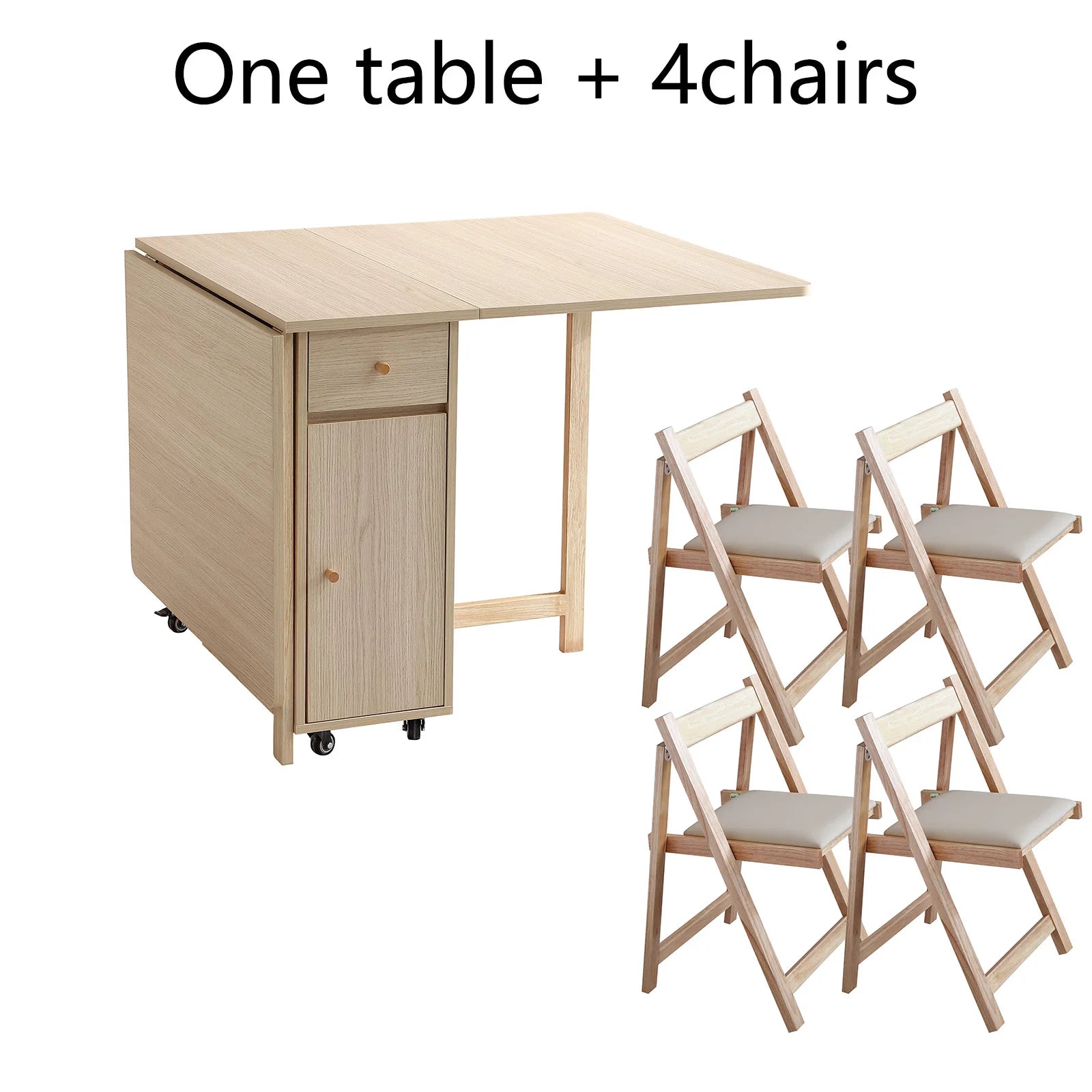 Extendable Drop Leaf Folding Dining Table with 2 Drawers and 4 Wheels and Chairs