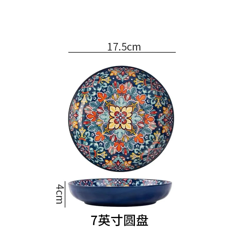 7in or 8in Ceramic Plates Household Retro Tableware Pasta Steak Plate Breakfast Dumpling  Fruit Plate