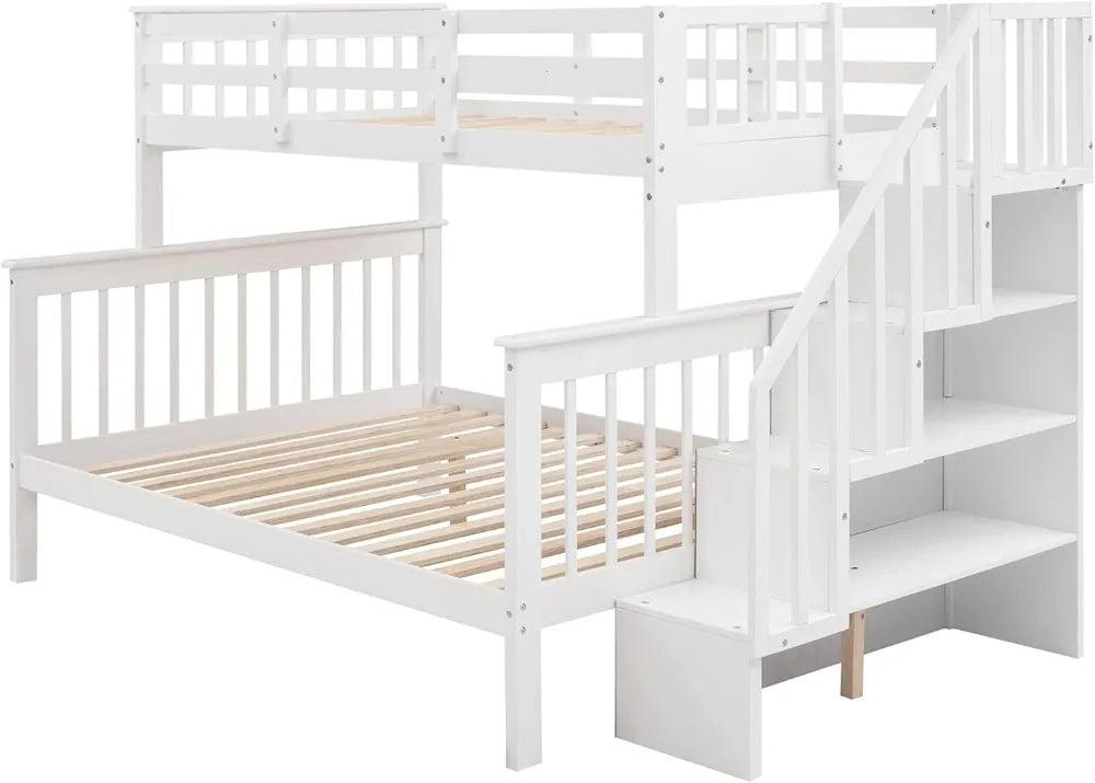 Twin Over Full Bunk Bed with Stairs & Storage Shelves, Solid Wood, White