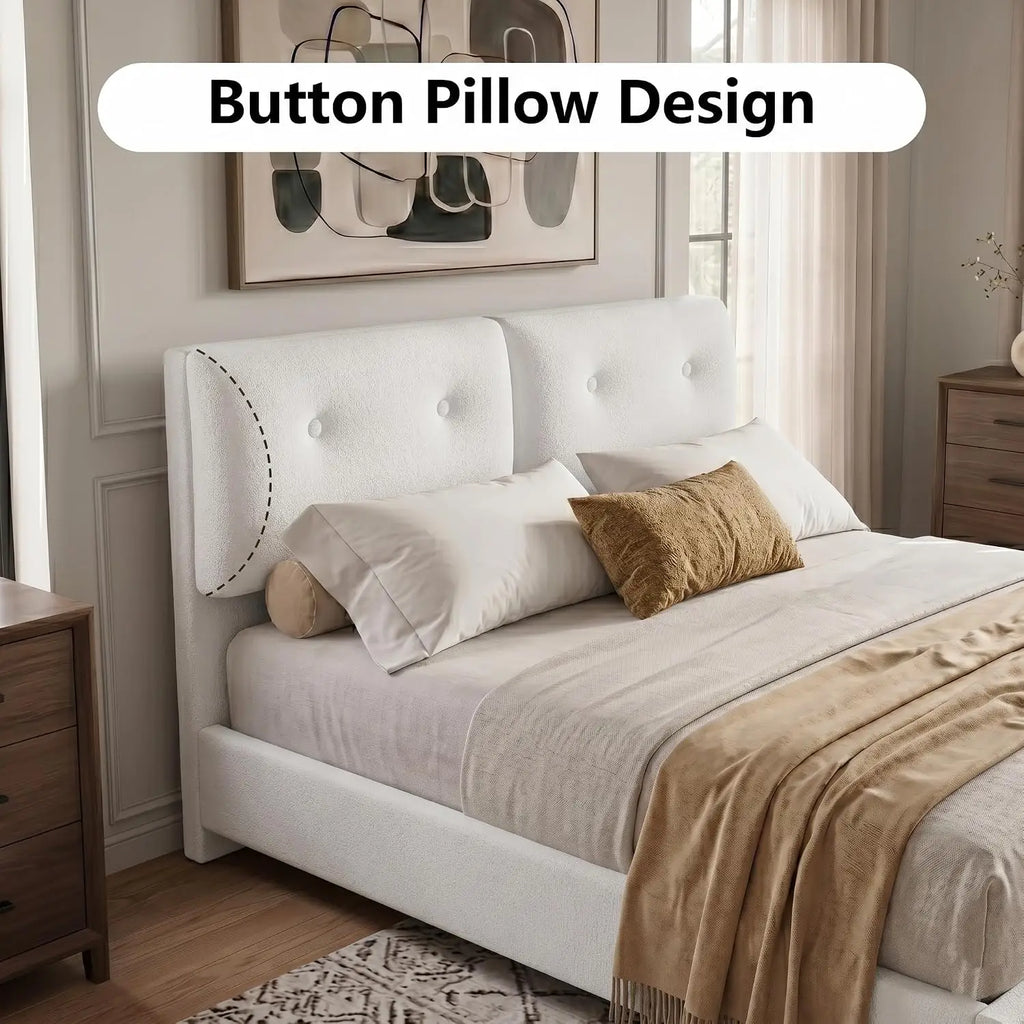 Bed Frame Queen Size, Boucle Upholstered Bed Frame with Headboard, No Box Spring Needed