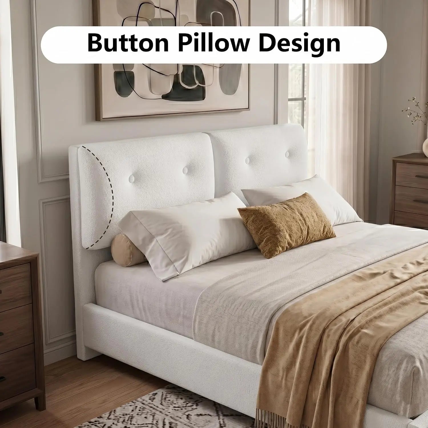 Bed Frame Queen Size, Boucle Upholstered Bed Frame with Headboard, No Box Spring Needed