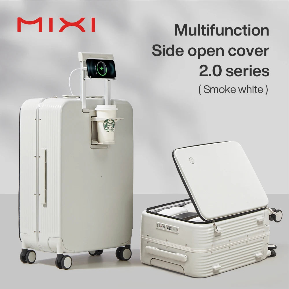 Mixi New Aluminum Frame Suitcase Carry On Rolling Luggage with USB Port, Boarding Cabin Cup, and Phone Holder