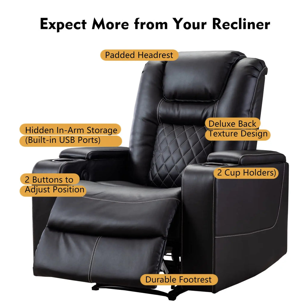 Electric Power Recliner Chair with USB Ports and Cup Holders, Breathable Leather Home Theater Seating,