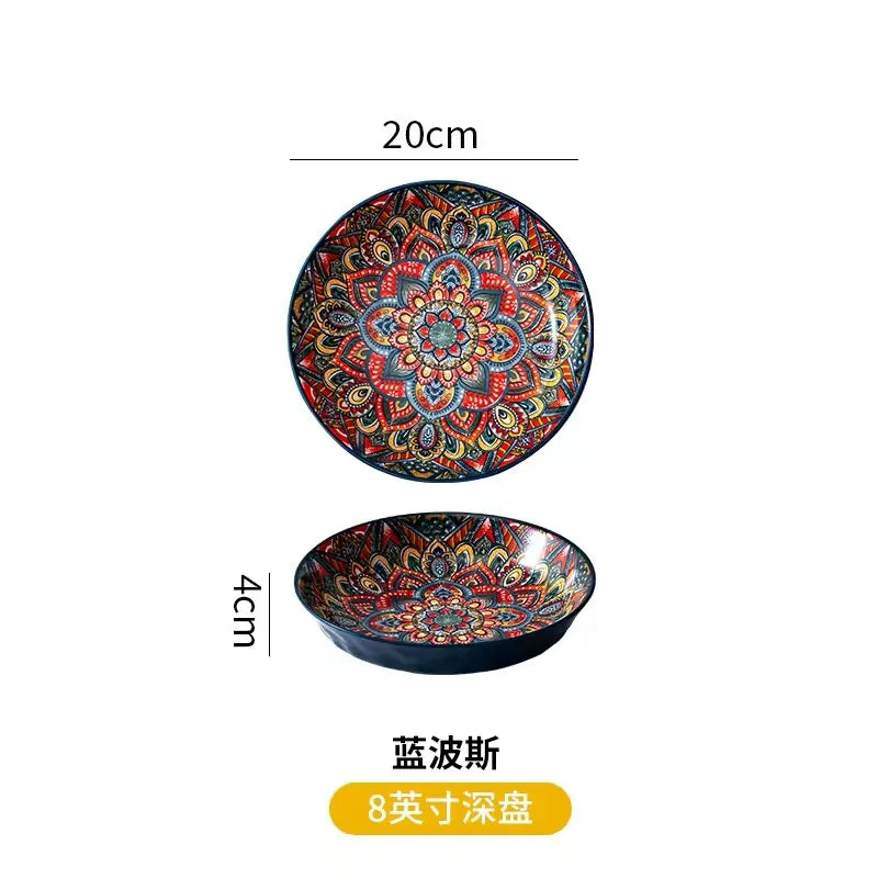 7in or 8in Ceramic Plates Household Retro Tableware Pasta Steak Plate Breakfast Dumpling  Fruit Plate