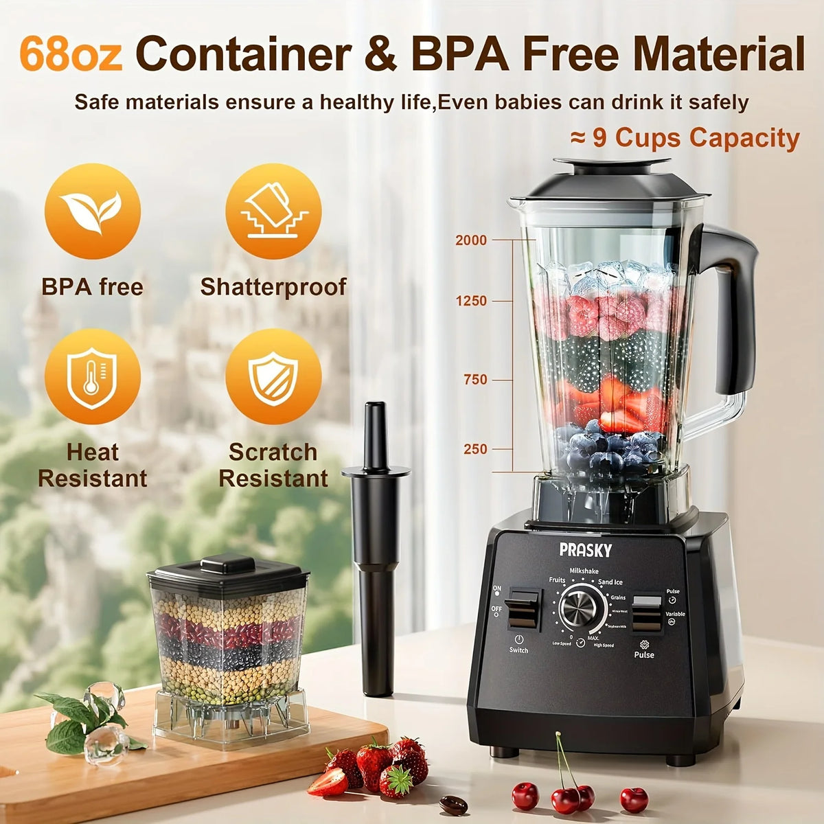 PRASKY 2400W Blender and Grinder Combo