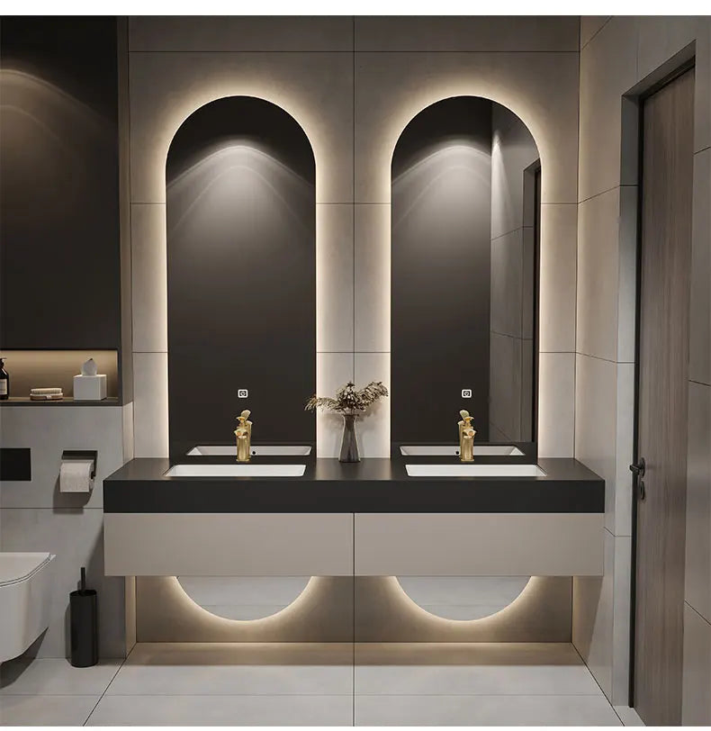 Designer Customized High-end Villa Light Luxury Rock Slab Integrated Basin Bathroom Cabinet in Combination with Double Mirror