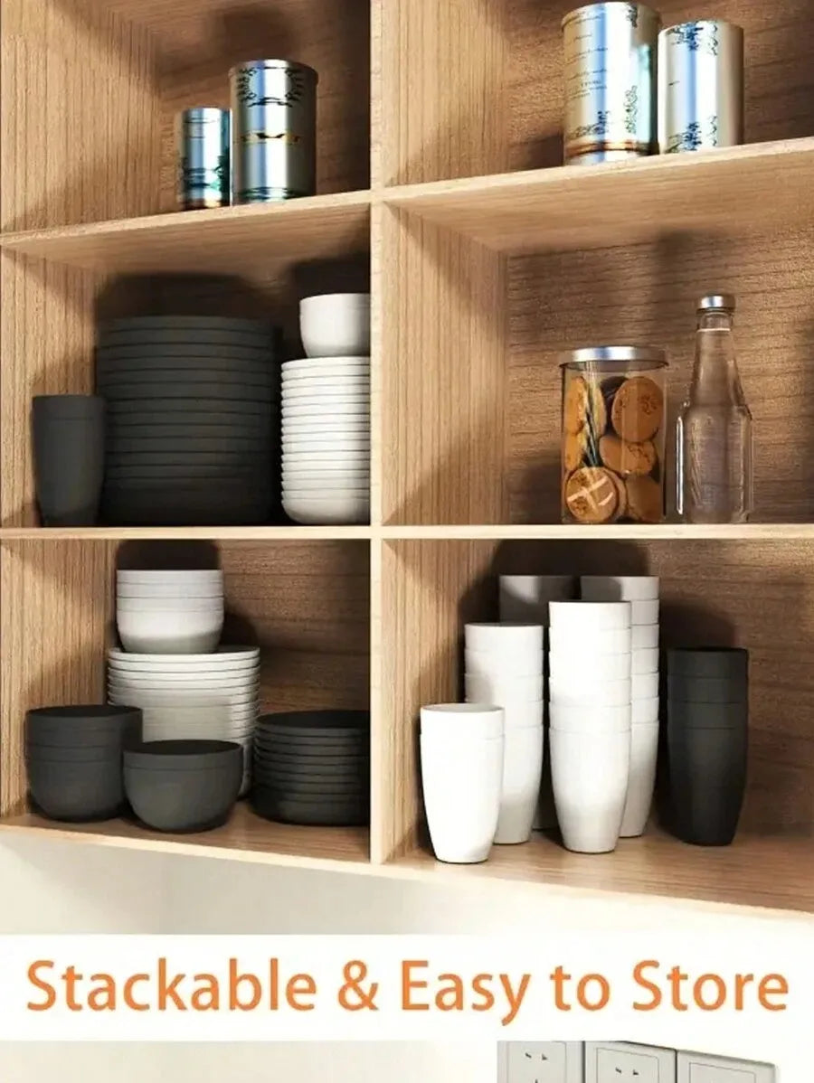 4/16/24pcs Reusable plastic tableware set, including plates, bowls and cups.