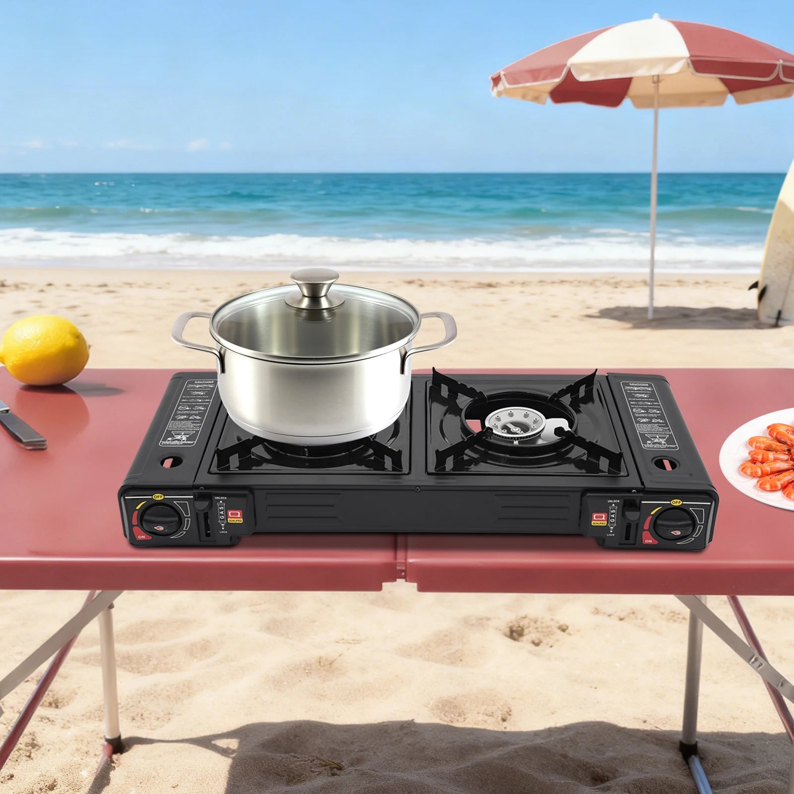 2 Burners Portable Camping Stove, 2.5KW Auto Ignition Butane/LPG Gas Stove w/Baking Tray + Carrying Case