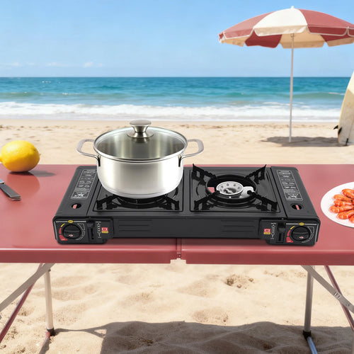 2 Burners Portable Camping Stove, 2.5KW Auto Ignition Butane/LPG Gas Stove w/Baking Tray + Carrying Case