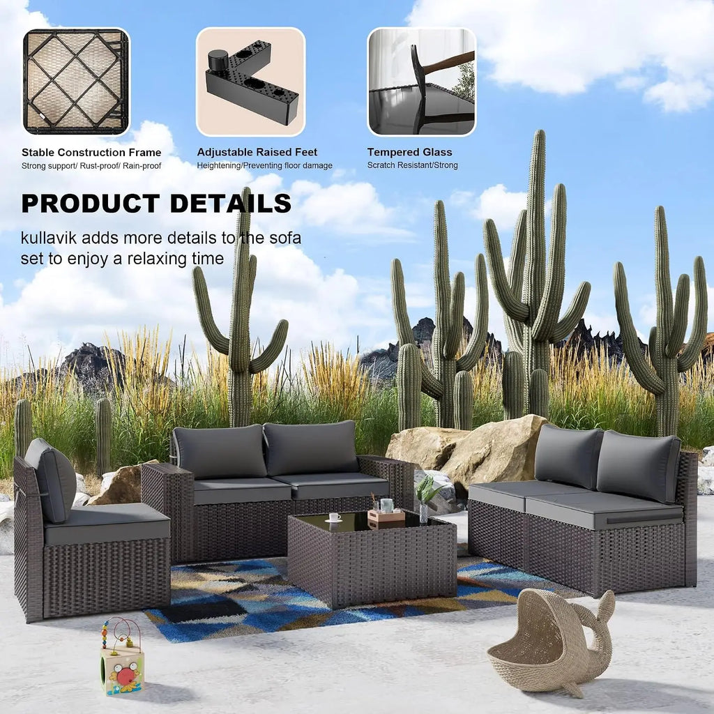 Outdoor Patio PE Wicker Rattan Sectional Sofa Set 6PCS, Customized