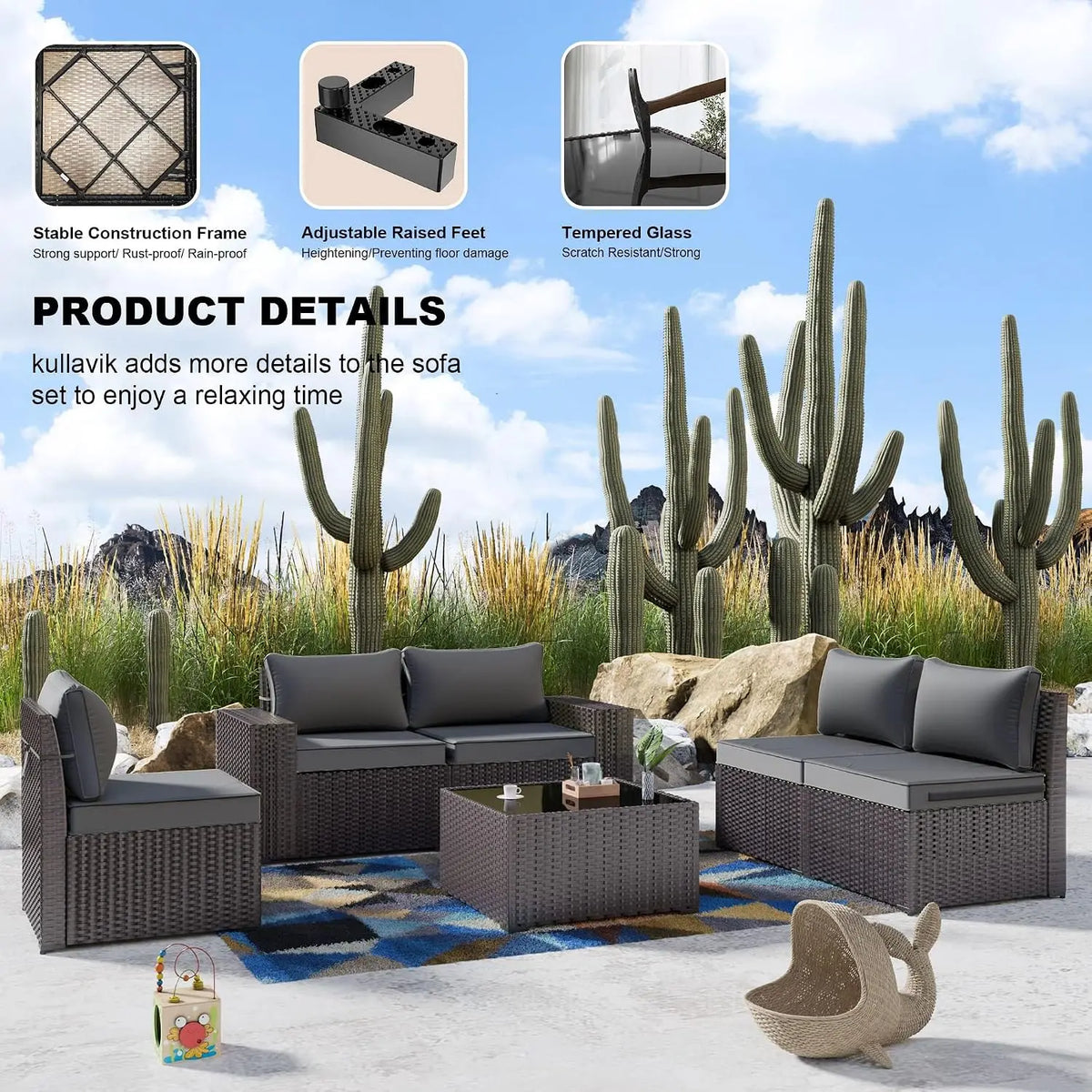 Outdoor Patio PE Wicker Rattan Sectional Sofa Set 6PCS, Customized