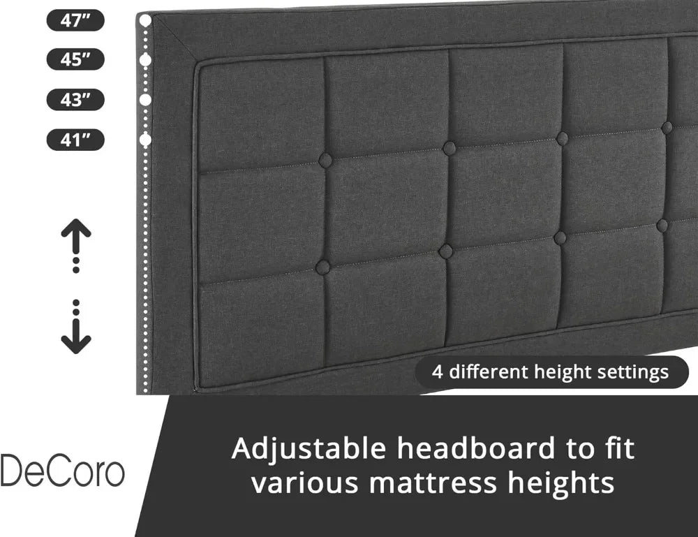 Dark Grey Full Size Upholstered Platform Bed with Button-Tufted Headboard, , Metal Frame & Wood Slat Support