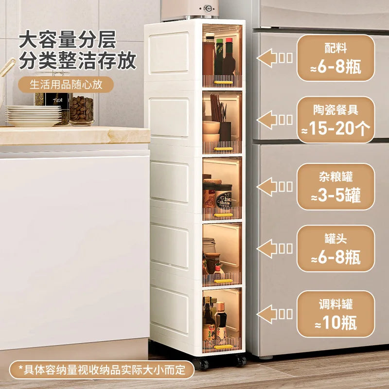 20cm Slim Storage Cabinet, 3/4/5-Tier Narrow Rolling Organizer with Wheels, Space-Saving Shelf White Multi-Purpose Storage