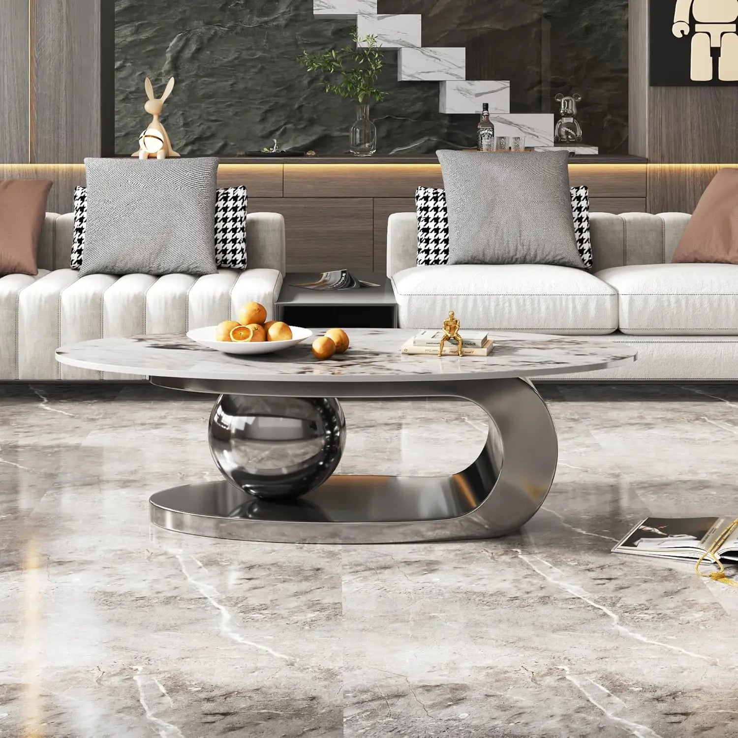 Modern Coffee Table with Silver Stainless Steel Pedestal, Oval Living Room Table with Faux Marble Top