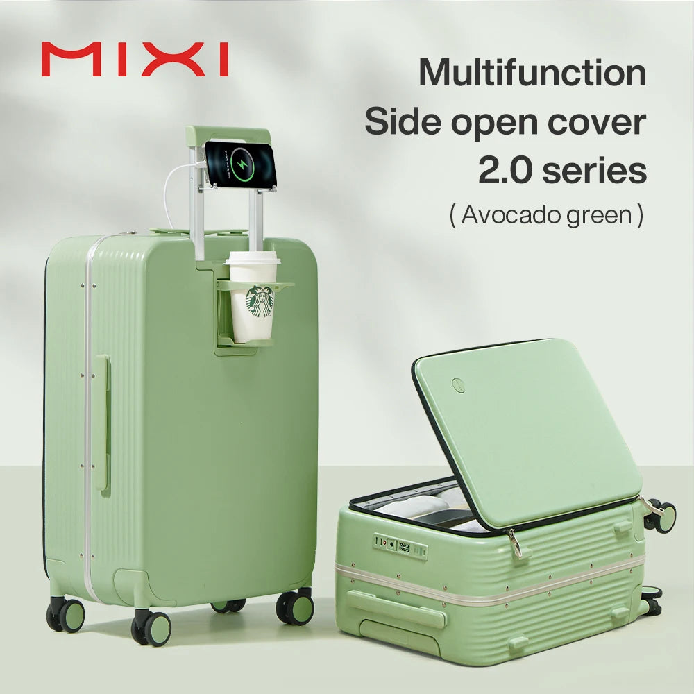 Mixi New Aluminum Frame Suitcase Carry On Rolling Luggage with USB Port, Boarding Cabin Cup, and Phone Holder