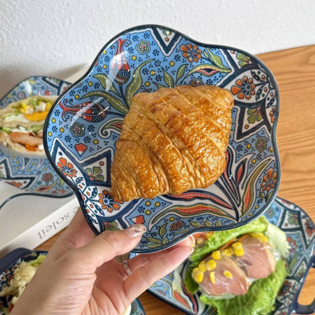 Bohemian ceramic plate set, double-eared fish plate, household steamed fish plate, high-value salad plate, cooking plate