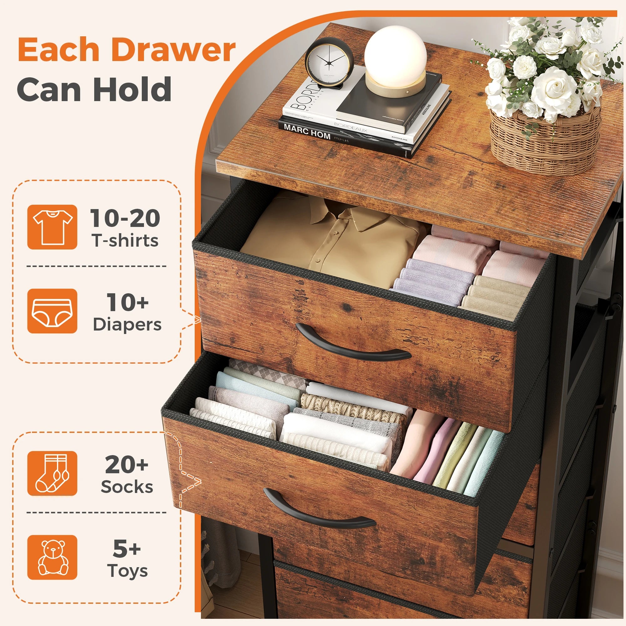 JHK Tall 6 Fabric Drawer Dresser with Wood Top and Metal Frame
