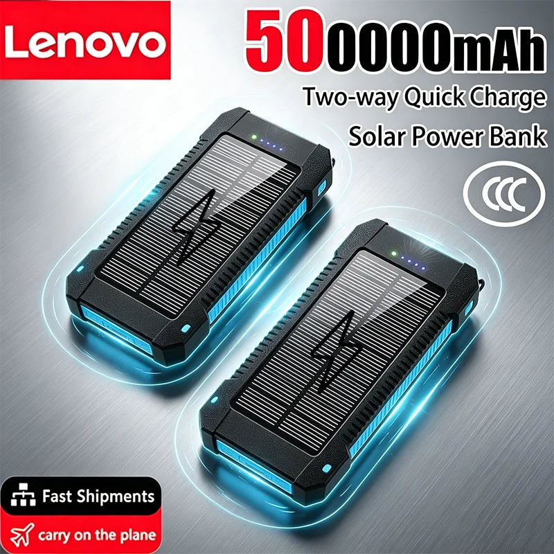 Lenovo 500000mAh Solar Power Bank Super Fast Charging Outdoor Portable Battery for iPhone Samsung Huawei