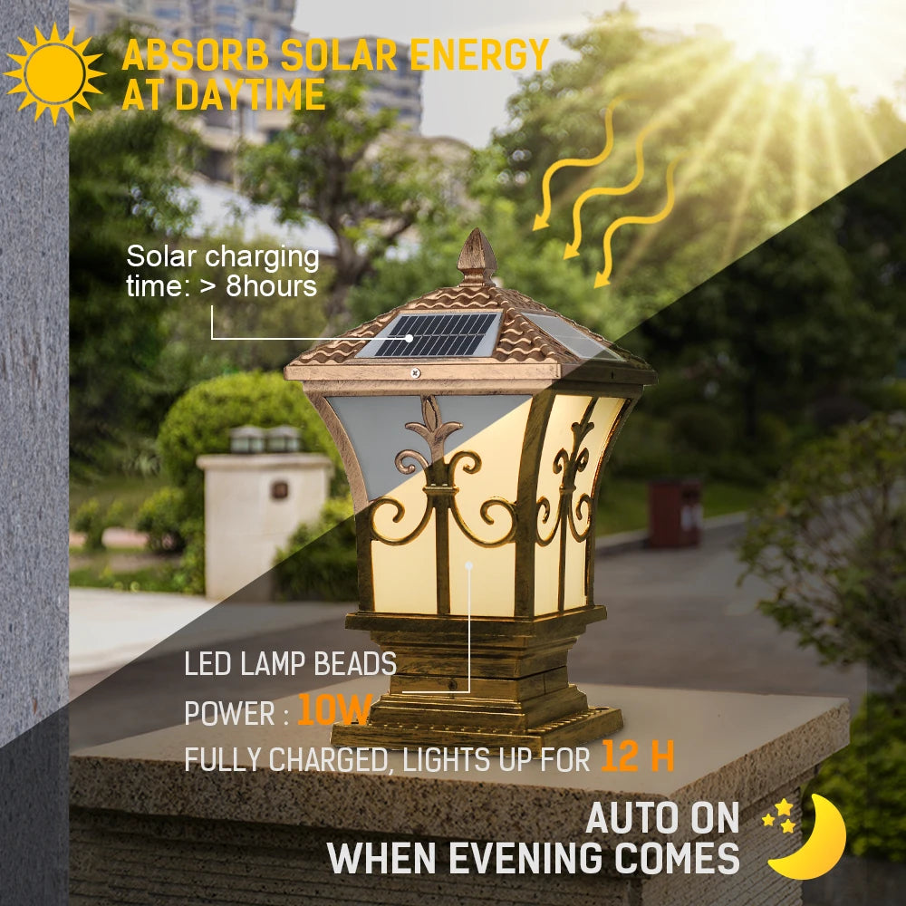 Round Solar Pillar Post Light Waterproof Outdoor LED Gate Lamp 3 Color Dimmable for Garden Patio Yard Decor
