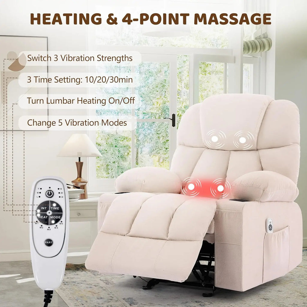 Massage Rocker Recliner Chair with Heat & Vibration, 4 Pockets, 2 Cup Holders, Fabric