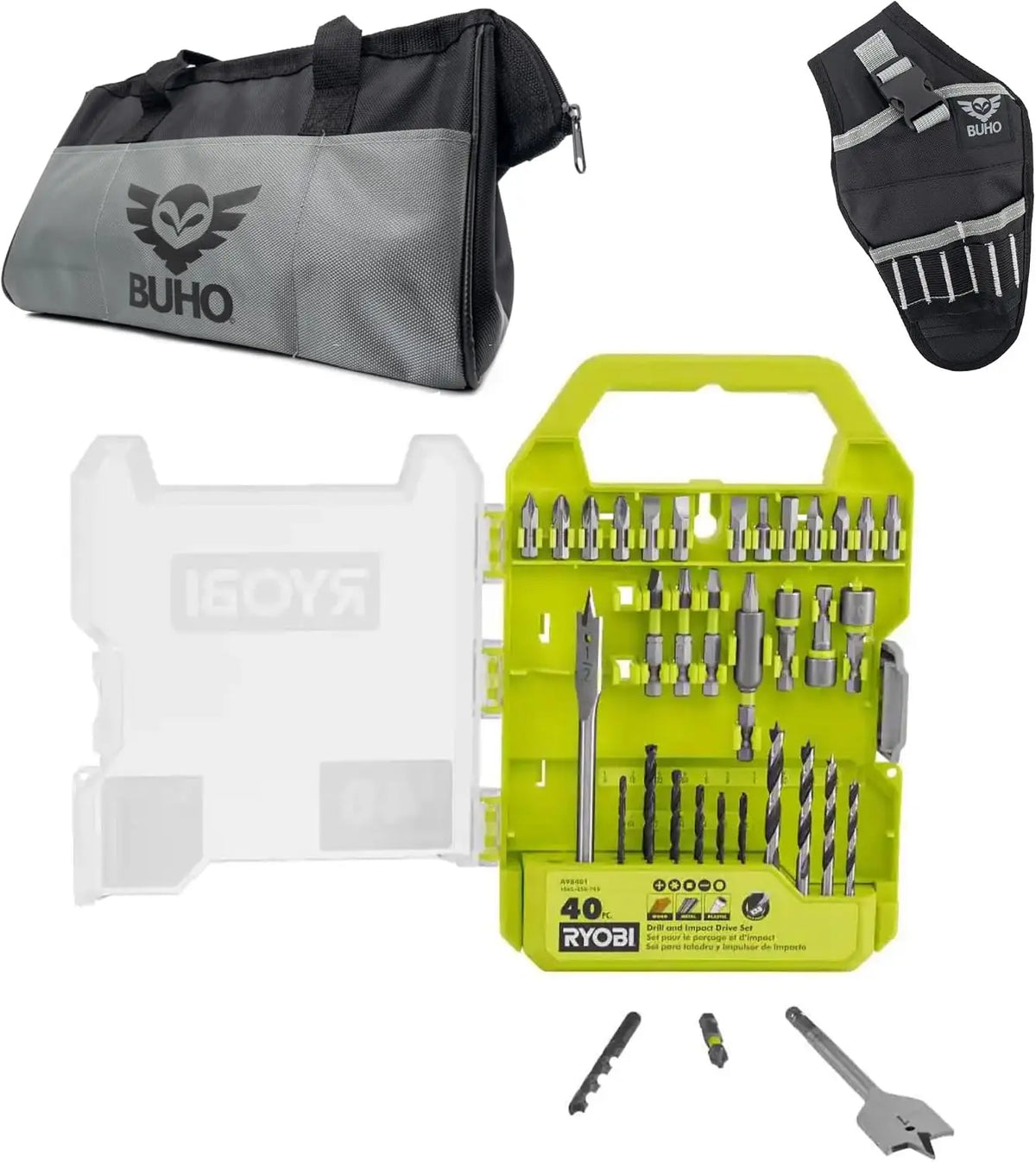6 Power Tools Combo Kit Bundle with Tool Bag, and Holster, 6 Ryobi Tools, 2 Batteries, Charger, and 40 Piece Drill Bit Set