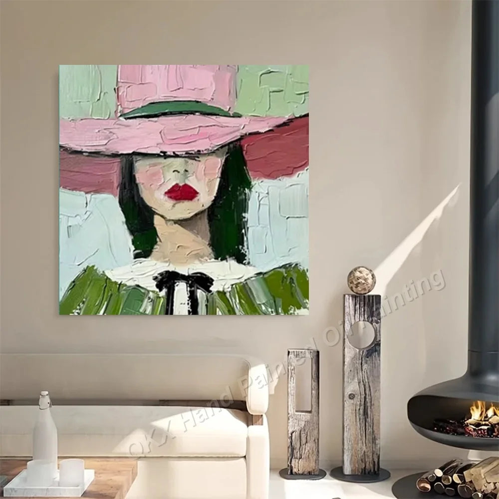 Hand-Painted Oil Painting on Canvas, Macaron Tone Striped Figure Textured Abstract Wall Painting