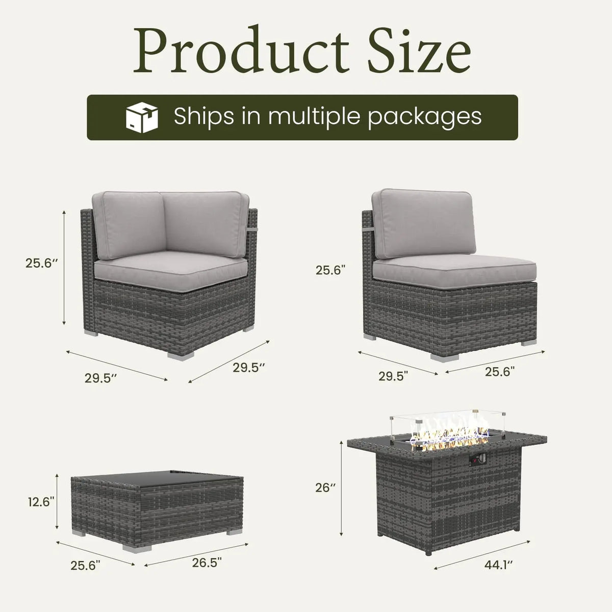 8 Piece Patio Furniture Set with 44" Propane Gas Fire Pit Table,