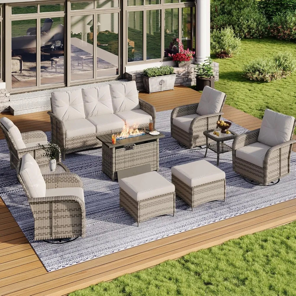 Grey Wicker Rattan Outdoor Patio Furniture Set 10-Piece with Fire Pit, Table,
