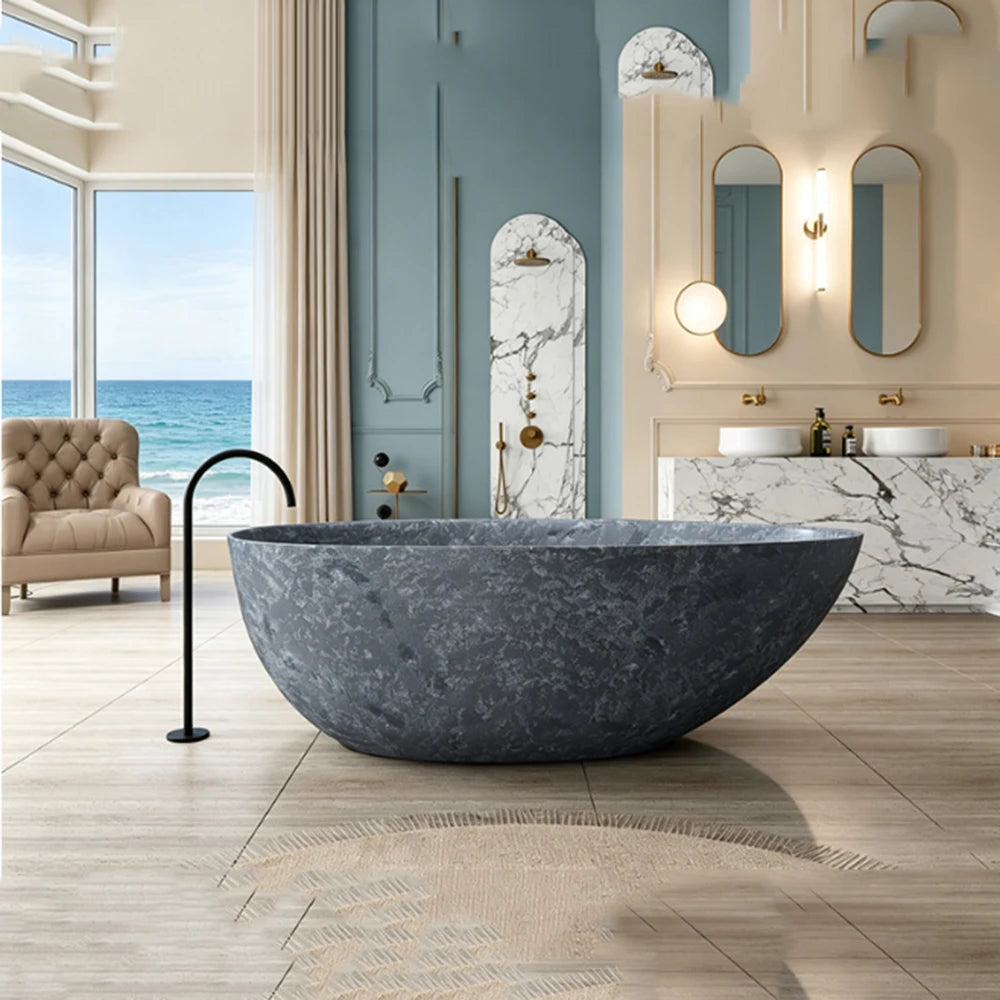 1600mm Dark Blue Grey Marble Grain Artificial Stone Freestanding Oval Double Bathtub for Hotel Home Couple RS110B