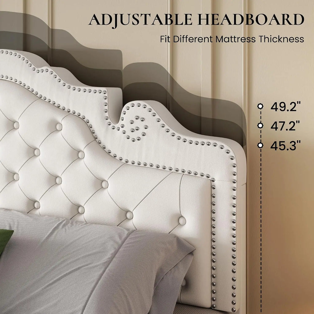 Full Size Upholstered Bed Frame Adjustable Headboard Velvet Tufted, Metal Studs, Wood Slats