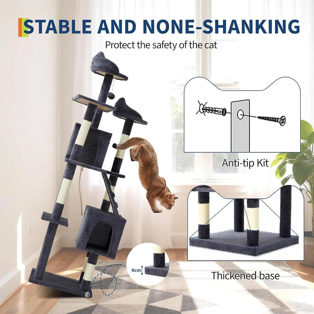72" Cat Tree for Large Cats, Multi-Level Cat Tower with 6 Sisal Scratching Posts,