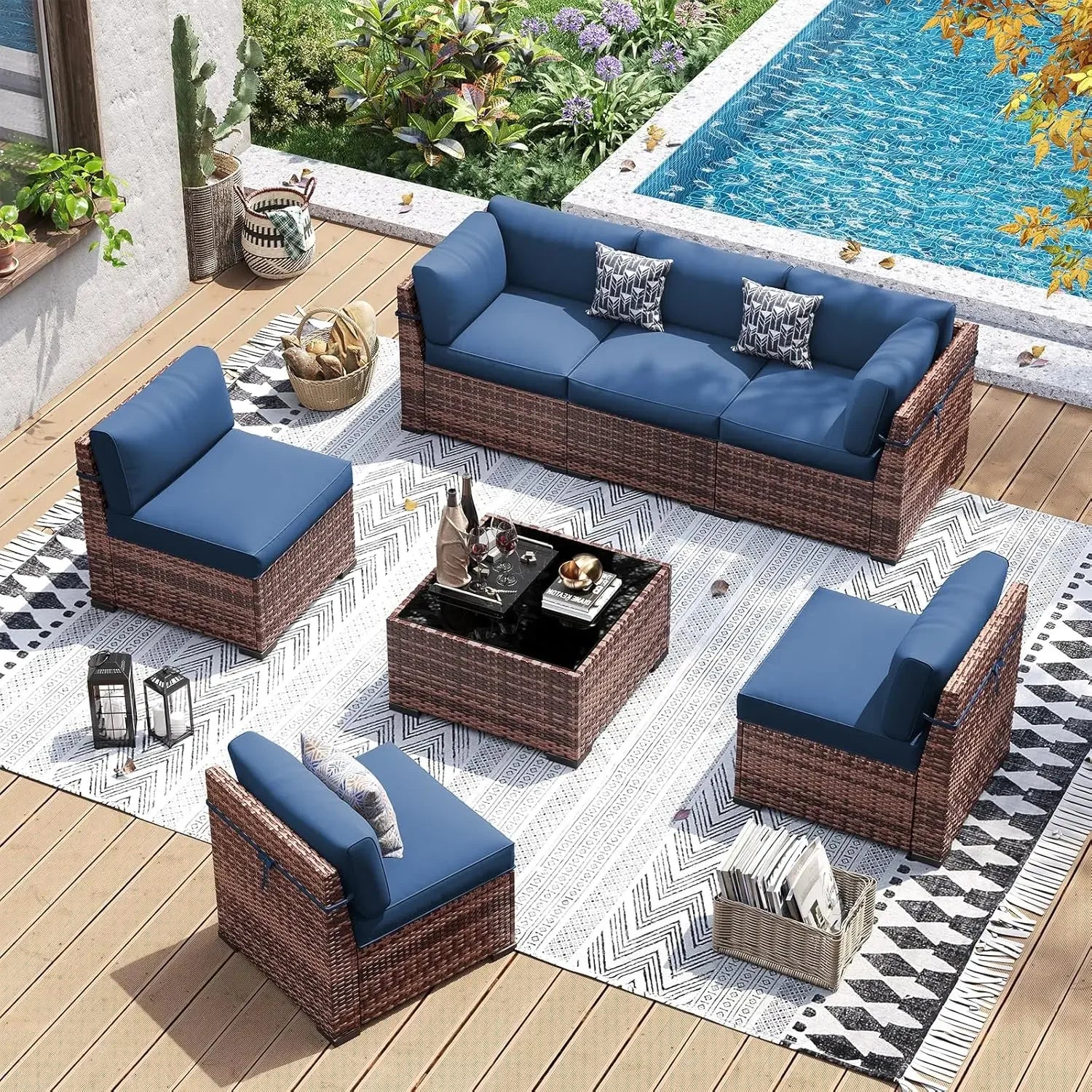 Patio Furniture Set, 7 Pieces PE Wicker Sectional Sofa with Tea Table, Outdoor Conversation Set