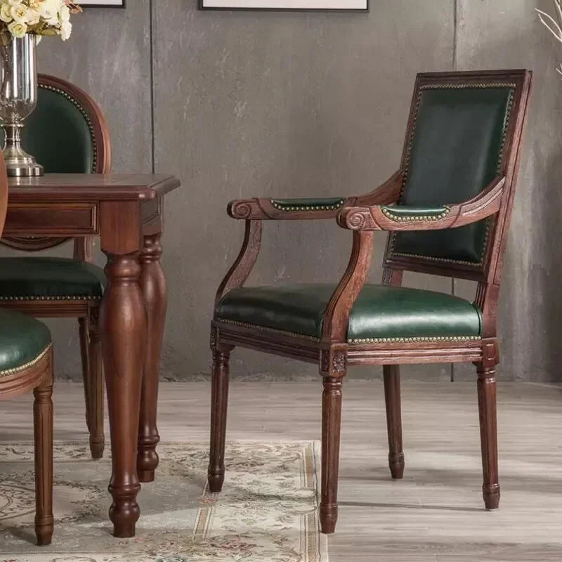 Armrest Beautiful Dining Chairs, Wood Rustic European Designer Leather Chair