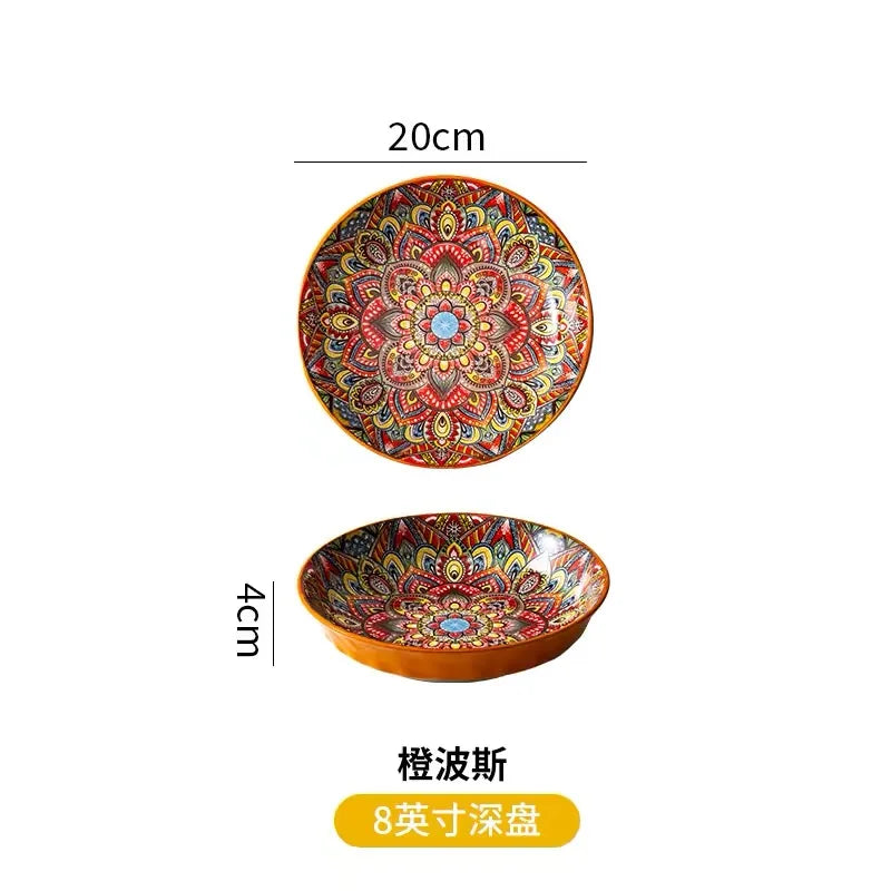 7in or 8in Ceramic Plates Household Retro Tableware Pasta Steak Plate Breakfast Dumpling  Fruit Plate