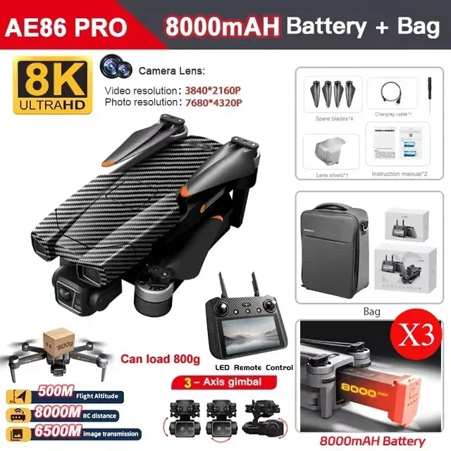 AE86 PRO MAX GPS Drone Professional 8K HD ESC Camera 5G FPV WiFi With 3-Axis Gimbal Flight 28 Minute Brushless RC Quadcopter 8KM