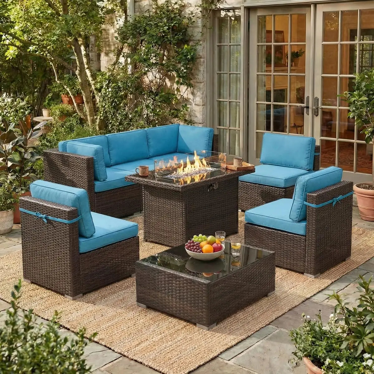 8 Piece Patio Furniture Set with 44" Propane Gas Fire Pit Table,