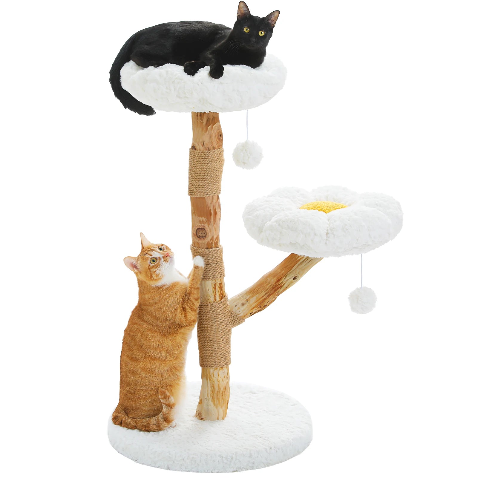 Modern Cat Tree Tower with Natural Solid Wood Scratching Posts Spacious Wicker Basket Luxury Cat Condo Bed
