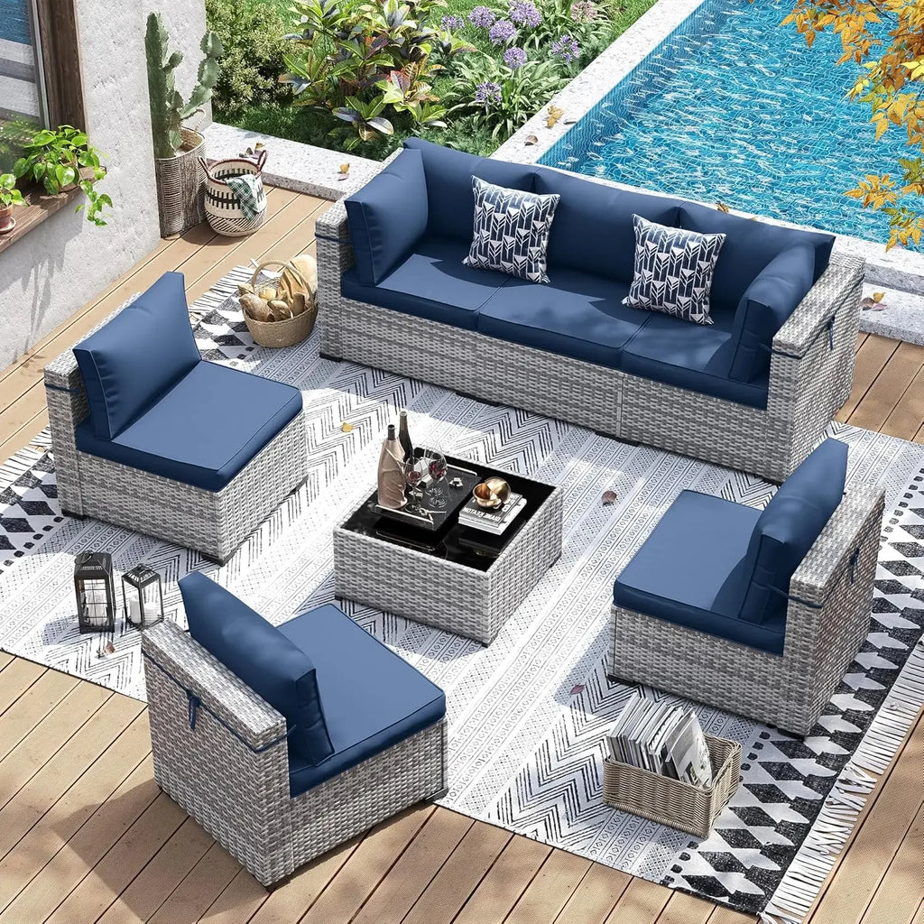 Patio Furniture Set, 7 Pieces PE Wicker Sectional Sofa with Tea Table, Outdoor Conversation Set