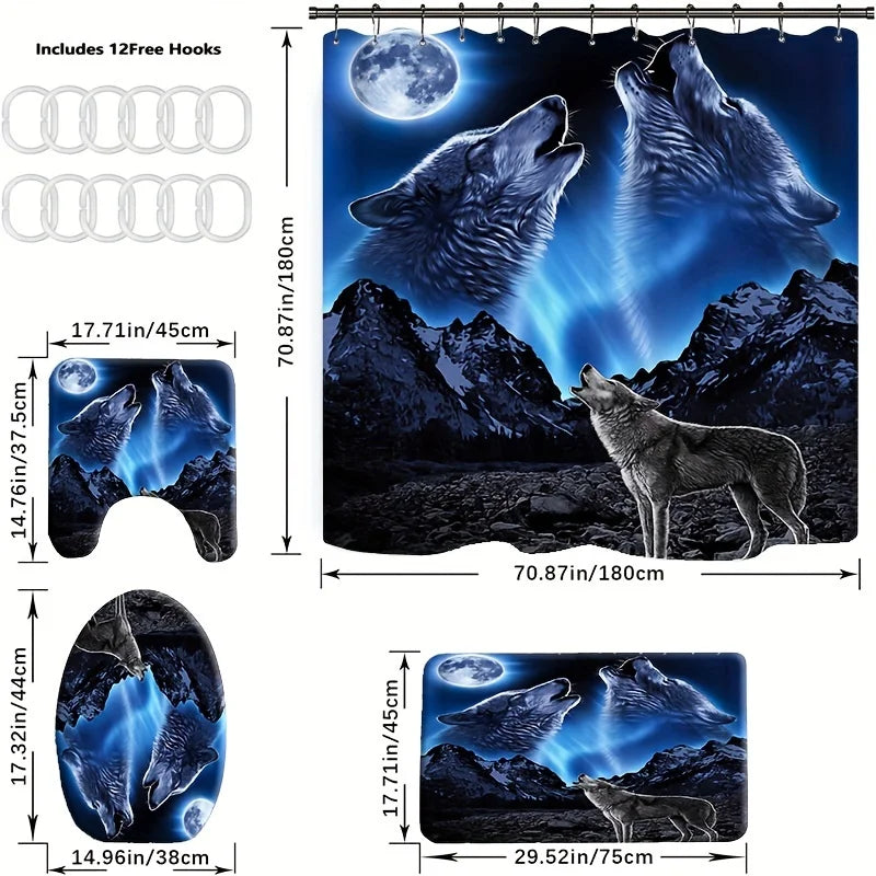 Roaring Wolf Bathroom Set under Full Moon - Waterproof Shower Curtain, Super Soft Floor Mat, Toilet Lid, and Contour Mat