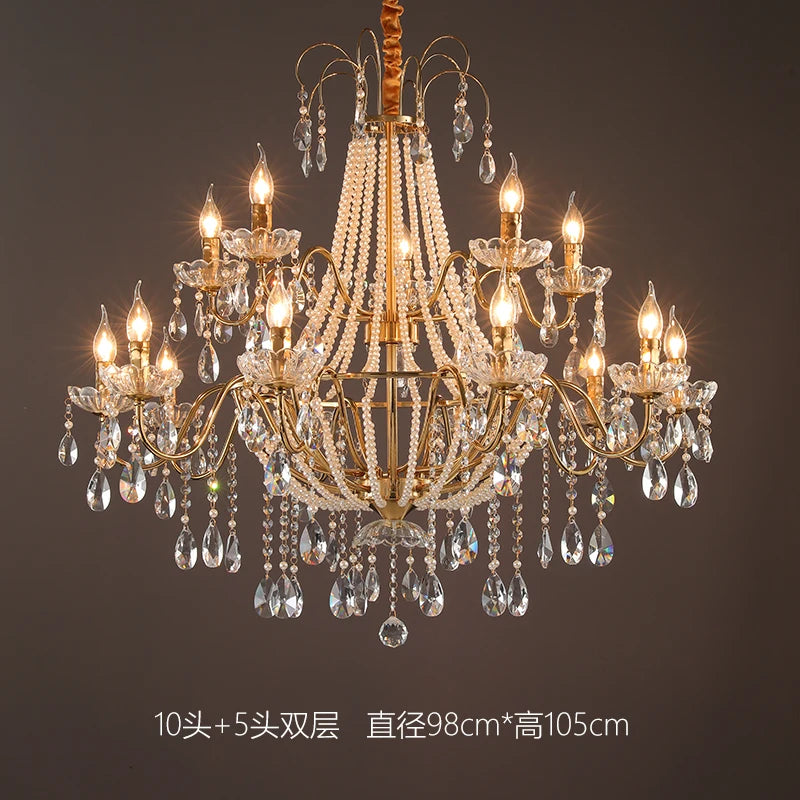 American Crystal Lamp French Retro Style Pearl Chandelier Middle Villa for Living Room Dining Room Bedroom Duplex Chandelier