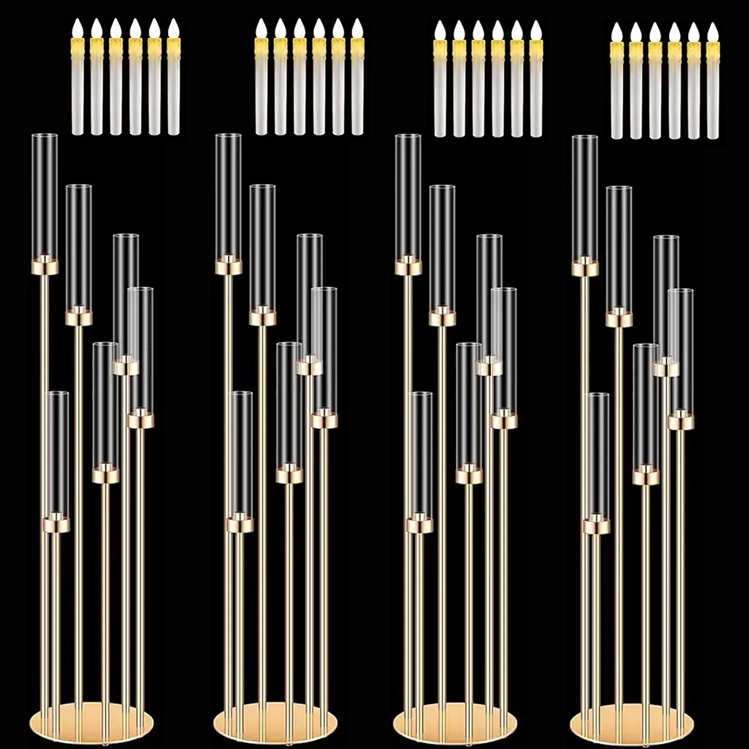 4PCS 46"Tall Metal Floor Candlestick Holder With 24 PCS LED Candles For Wedding Pary Birthday Centerpieces