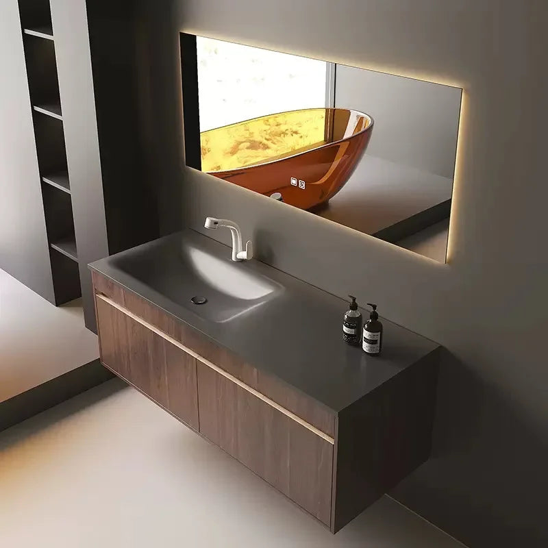 Light Luxury Vanity, Modern Solid Wood Bathroom Sink Cabinet, Rock Slab Integrated Washbasin