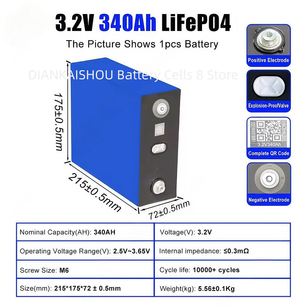 3.2V 340Ah 360Ah Grade-A Lifepo4 Rechargeable Battery Lithium Phosphate Golf Cars Travel Solar Campers Cell 12V 24V 48V Battery
