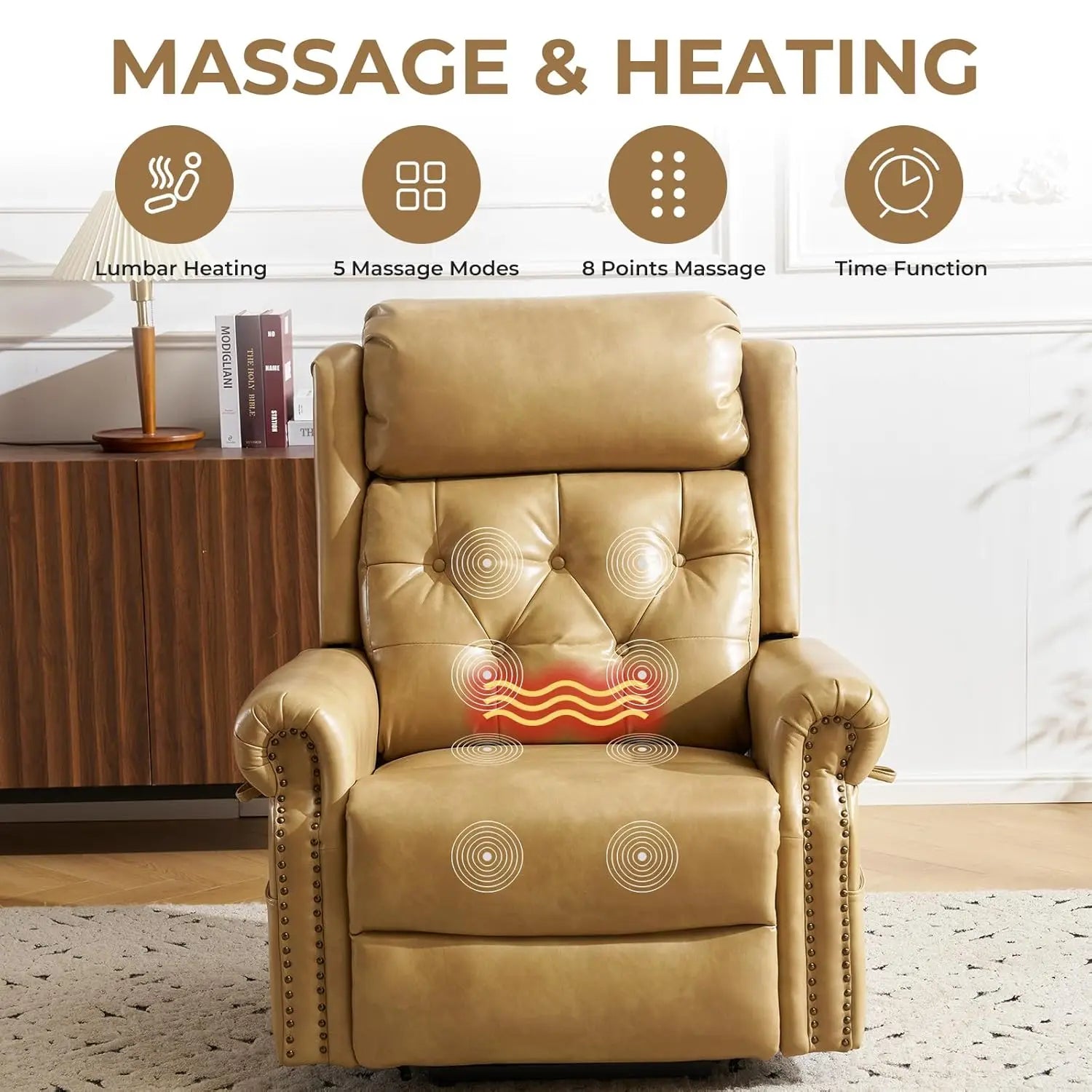 Power Lift Recliner Chair, Lay Flat Massage Heat Adjustable Headrest Extended Footrest USB Ports,