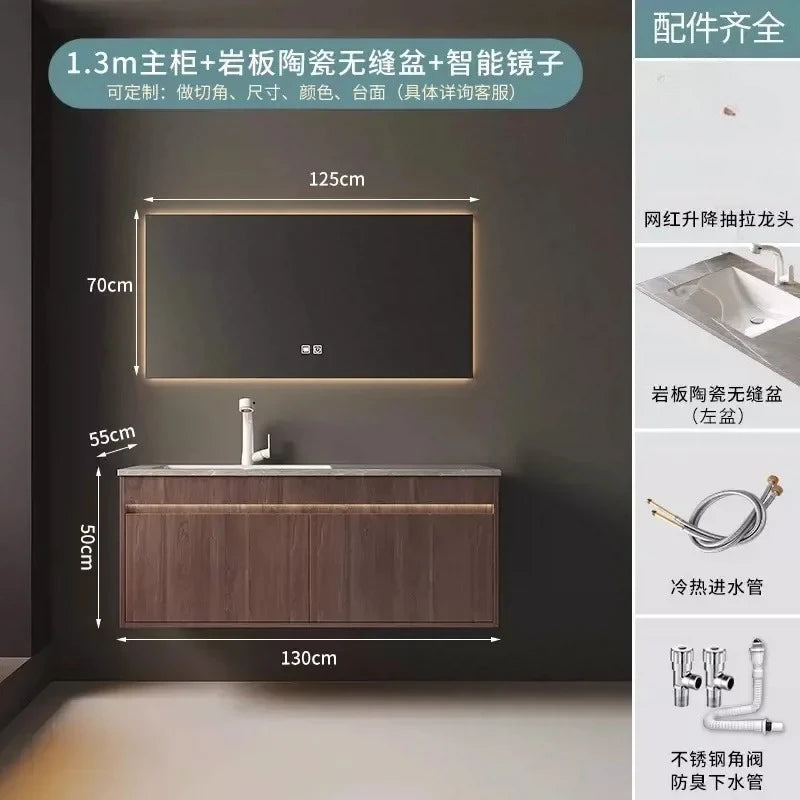 Light Luxury Vanity, Modern Solid Wood Bathroom Sink Cabinet, Rock Slab Integrated Washbasin