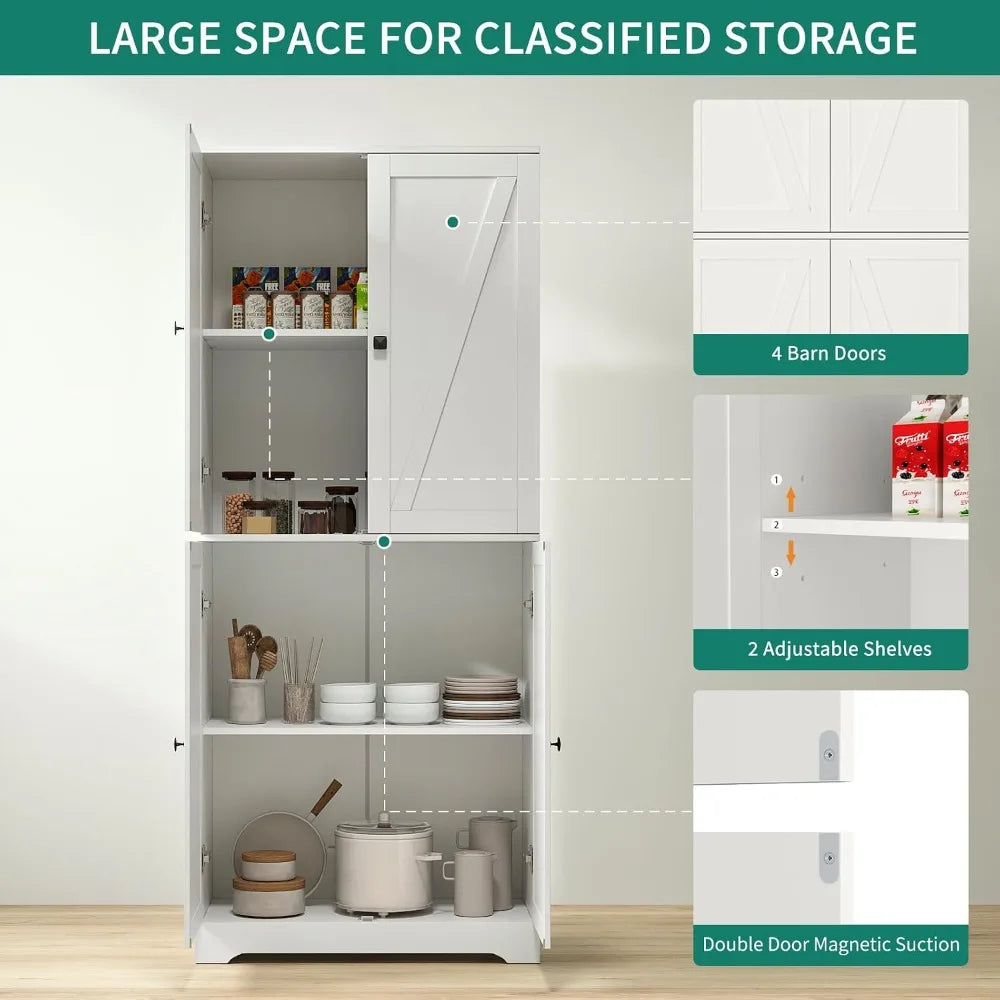 72" Farmhouse Pantry Cabinet, 4 Barn Doors, Adjustable Shelves, White
