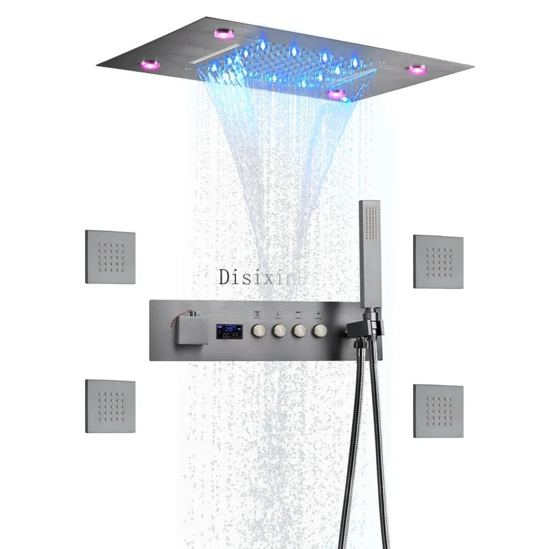 Concealed Brass Shower, LED Thermostatic digital display, showerheads set into the Wall, concealed showerhead in ceiling